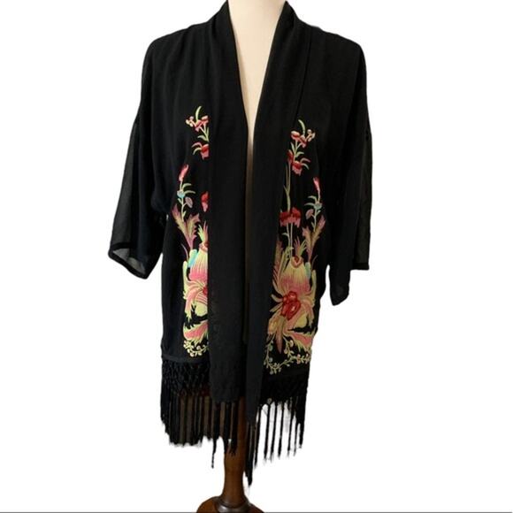 Forever 21 black duster. With fringe. Embroidered. Size medium. - Picture 2 of 6